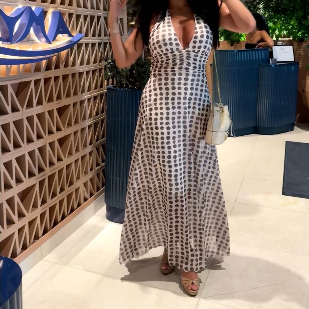 Polka Dot Halter Maxi Dress - White & Brown